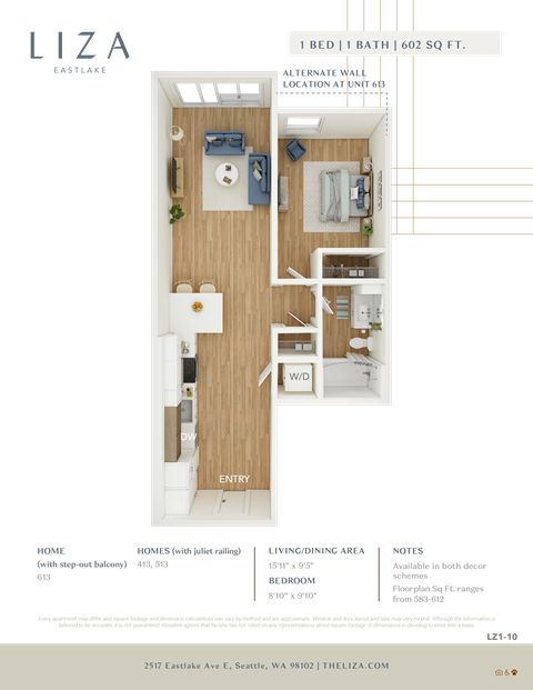 Liza Apartment 3D floor plan - 1x1 602 sqft